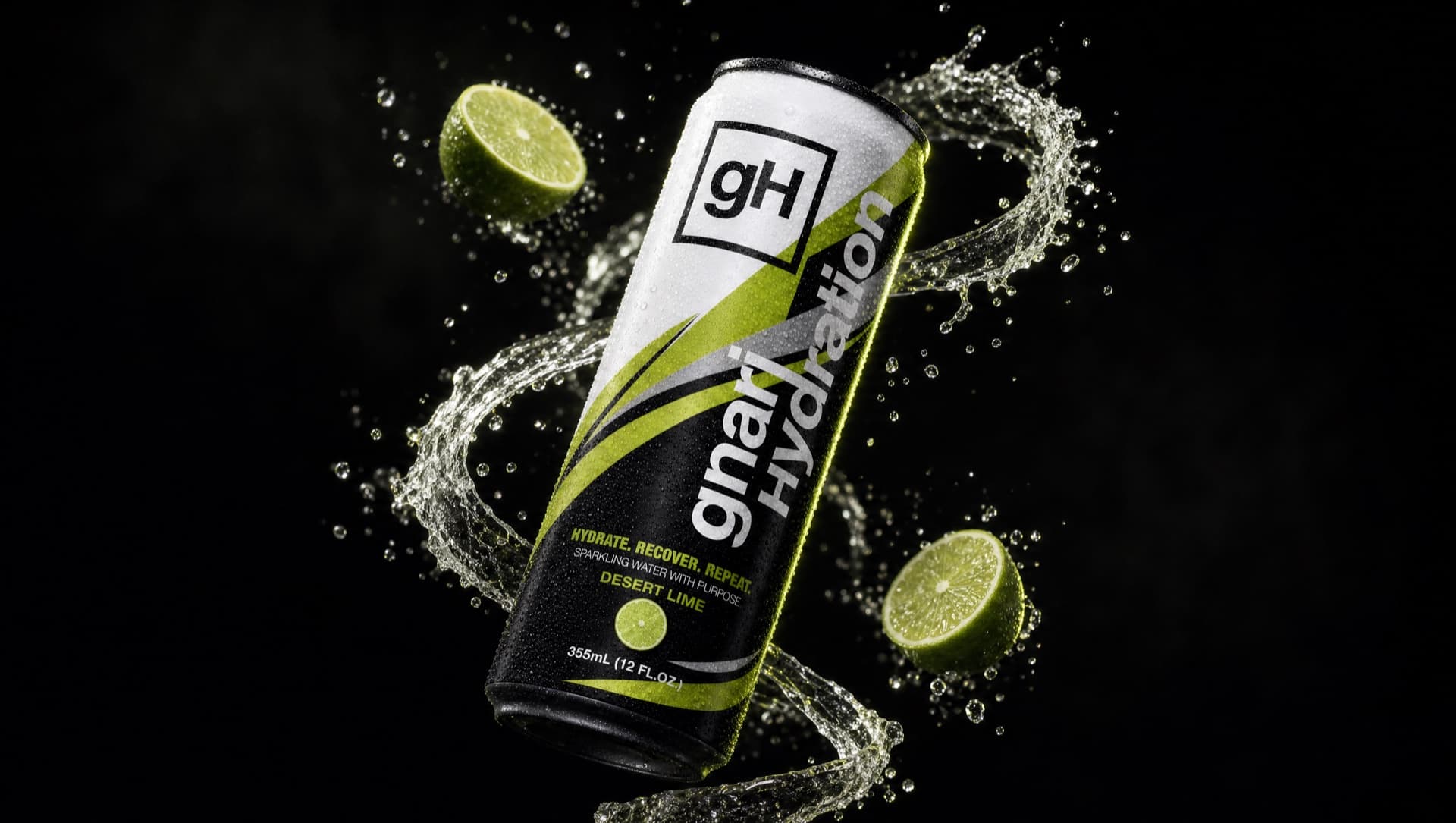 GH001 Desert Lime — Gnari Hydration can falling through a black void, a helix of sparkling water spiraling around it
