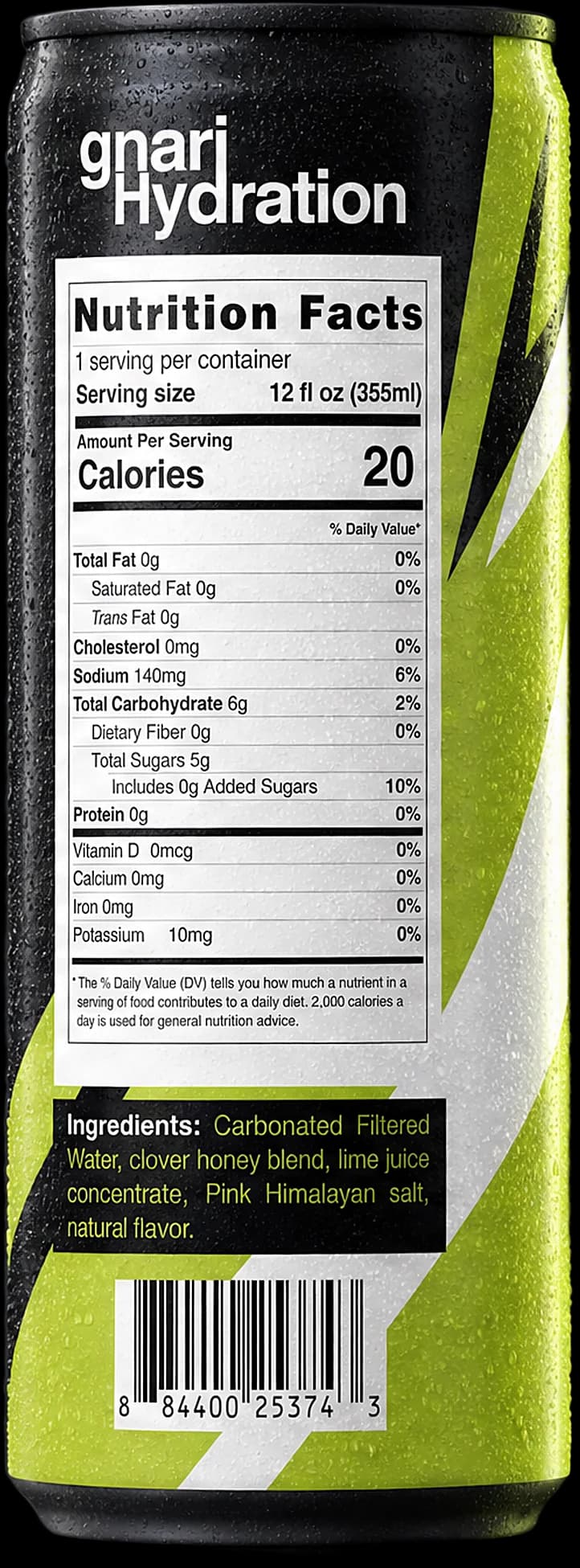 Back of the GH001 Desert Lime can — Nutrition Facts: 20 calories, 140mg sodium, 5g total sugars; ingredients: carbonated filtered water, clover honey blend, lime juice concentrate, pink Himalayan salt, natural flavor