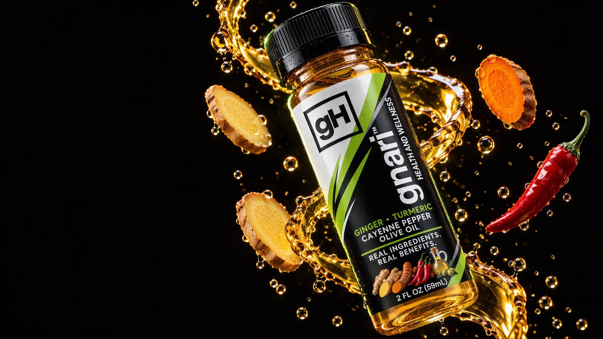 GH002 Wellness Shot, a 2 oz bottle tilted in a helix of golden liquid with ginger, turmeric and cayenne pepper