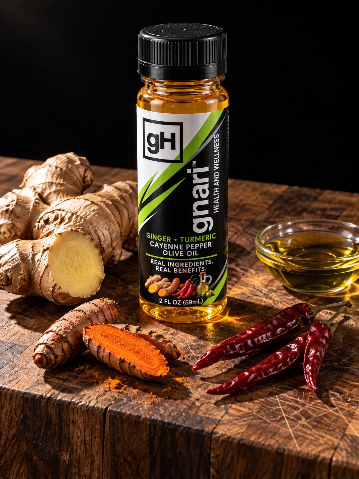 GH002 Wellness Shot on a butcher block with fresh ginger, turmeric root, dried cayenne peppers and a dish of olive oil